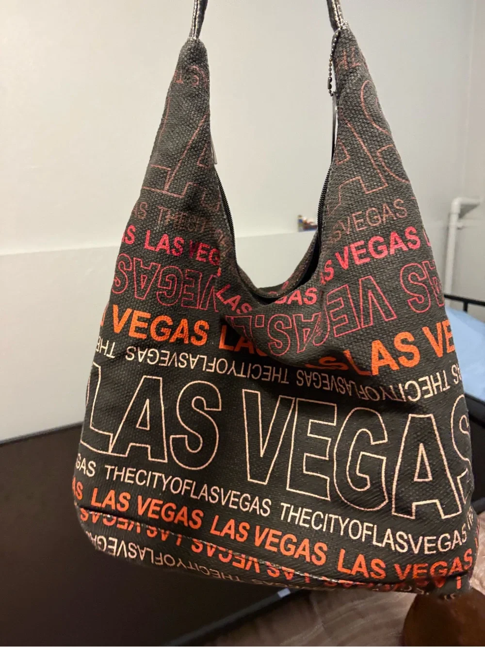 Las Vegas Print Canvas Hobo Bag - Black & Orange